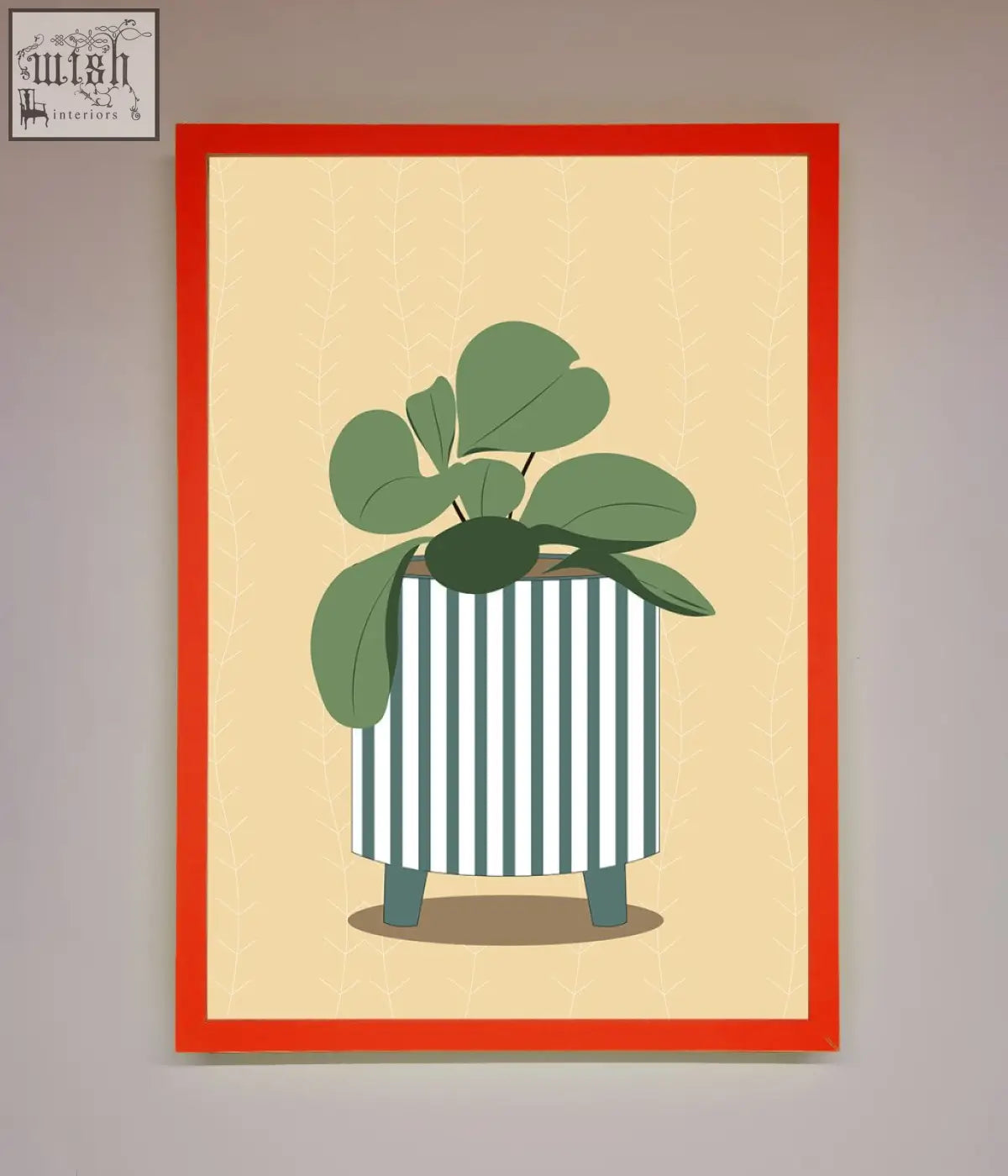 A framed wall art of a striped potted plant with broad green leaves in a white and teal pot on a beige background
