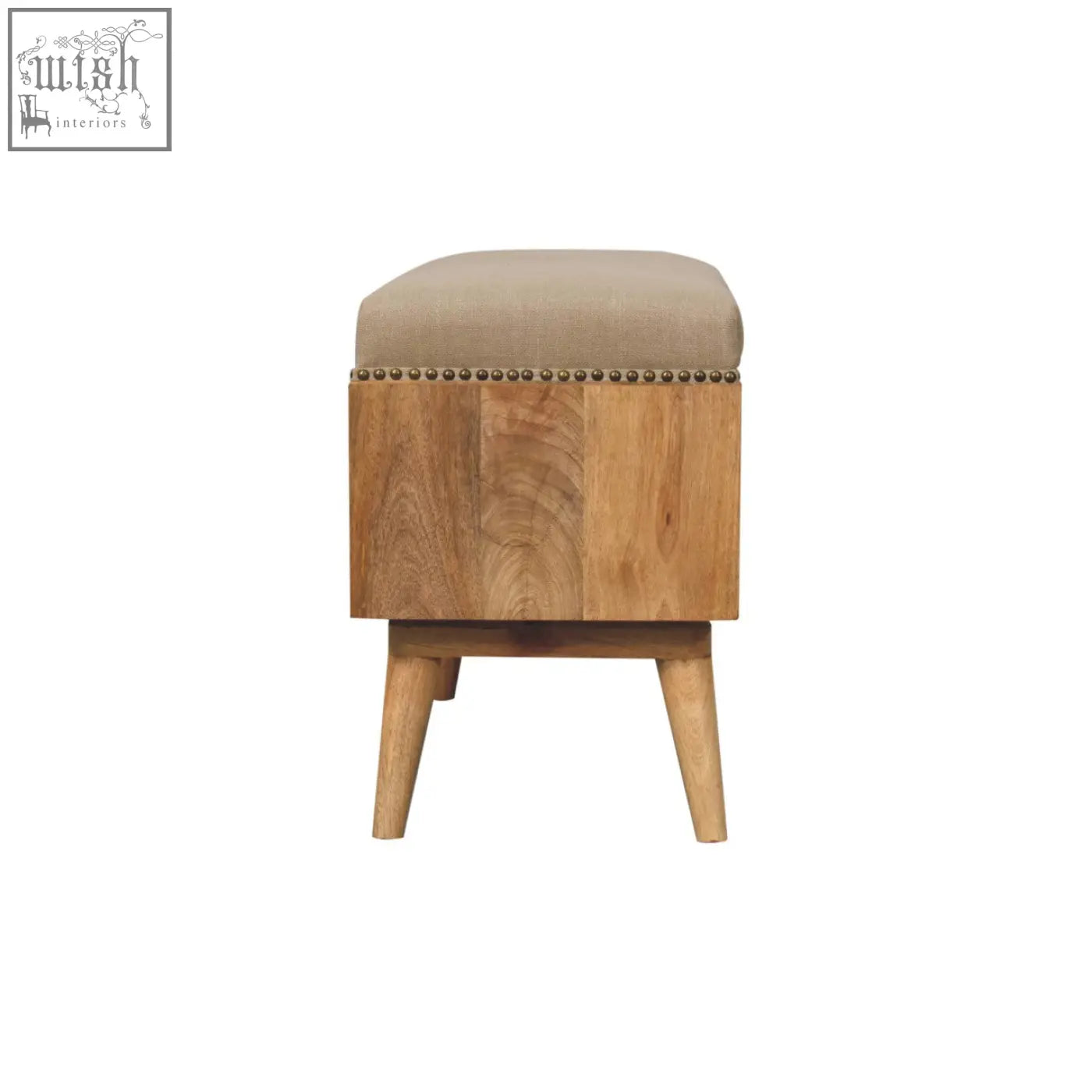 Beige upholstered studded linen open bench with brass nailhead trim and solid mango wood tapered legs