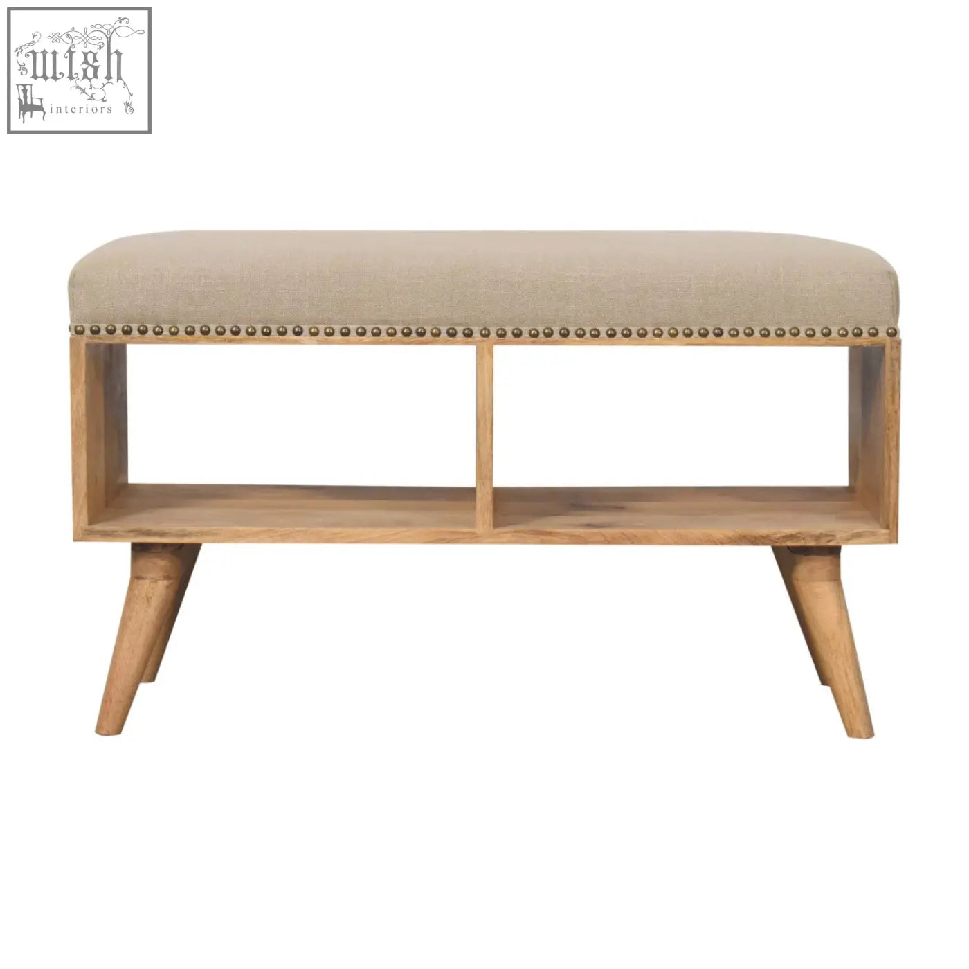 Beige studded linen open bench with solid mango wood frame and legs featuring decorative brass nailhead trim