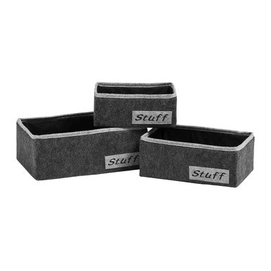Set of three dark gray felt rectangular storage boxes with black interiors and stuff labels for organizing stuff