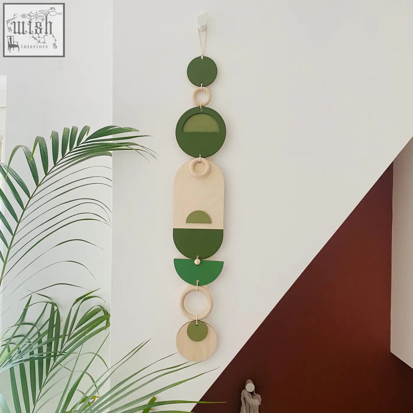 Stylish green geometric wall art wooden wall hanging with circular shapes for minimalistic modern home decor