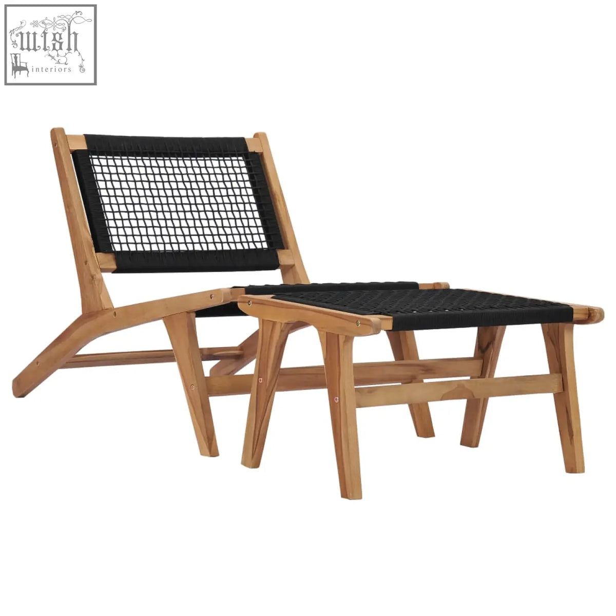 Styra teak wood lounge chair with light wood frame and black woven rope seat features a stylish and sturdy design
