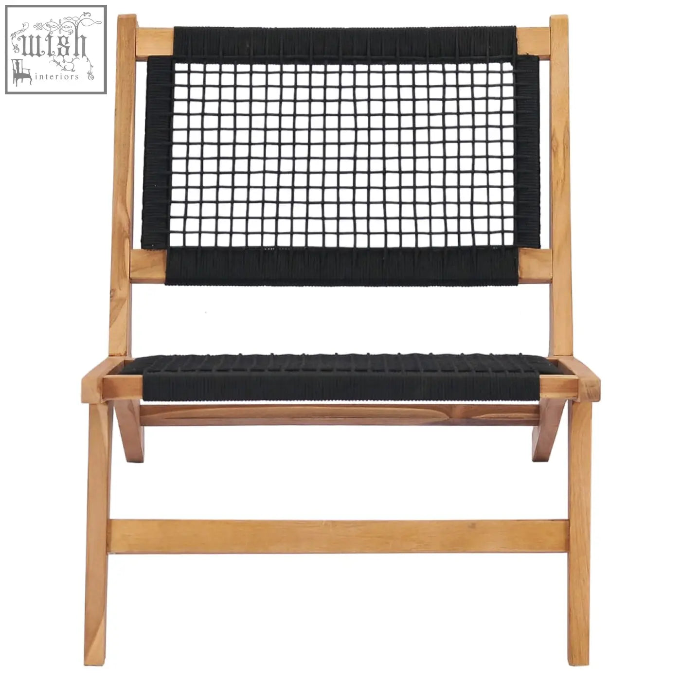 A sleek foldable styra teak wood chair with a natural wood frame and black woven rope lounger features