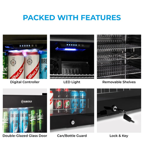 Black subcold ace100 beer fridge with digital controller led lighting and removable shelves for easy cooling