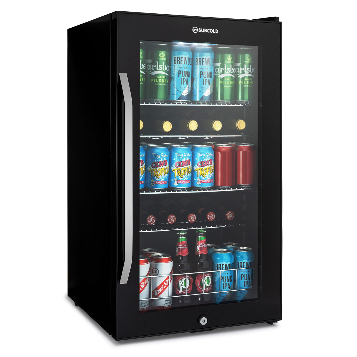 Black subcold ace100 beer fridge with glass door silver handle stocked with assorted canned drinks