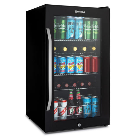 Black subcold ace100 beer fridge with glass door silver handle stocked with assorted canned drinks