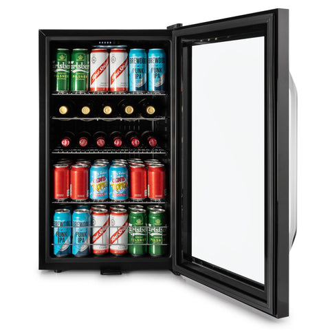 Black glass-door subcold ace100 beer fridge with led touch control holding assorted beer cans and bottles