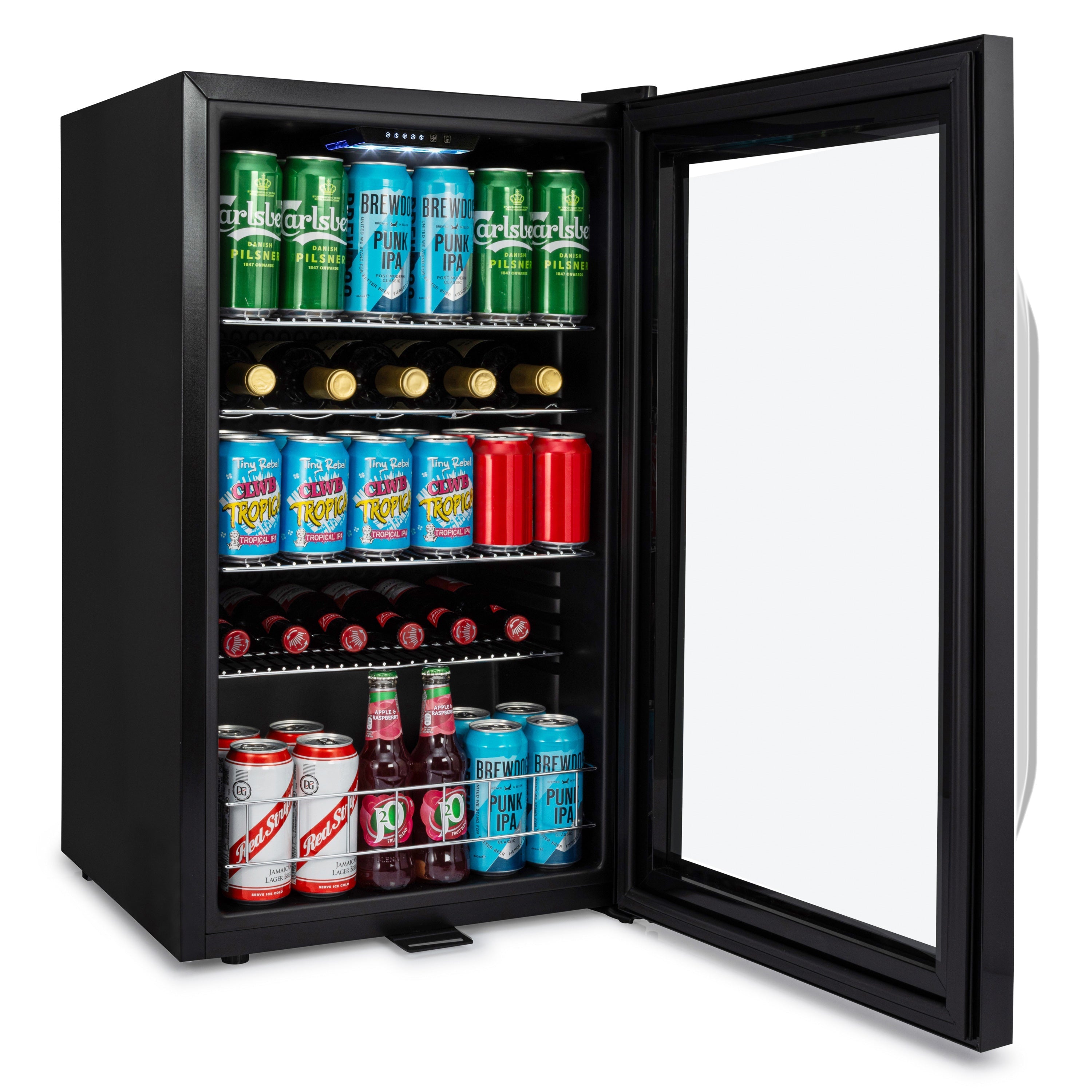 Black glass door subcold ace100 beer fridge with led touch control filled with assorted canned and bottled drinks