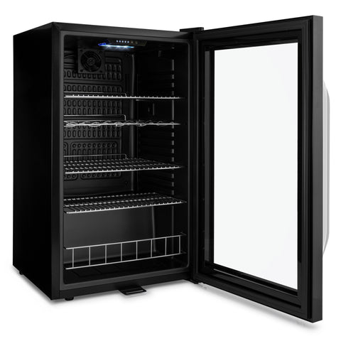 Subcold ace100 beer fridge with black glass door, multiple wire shelves, and visible interior fan for cold drinks