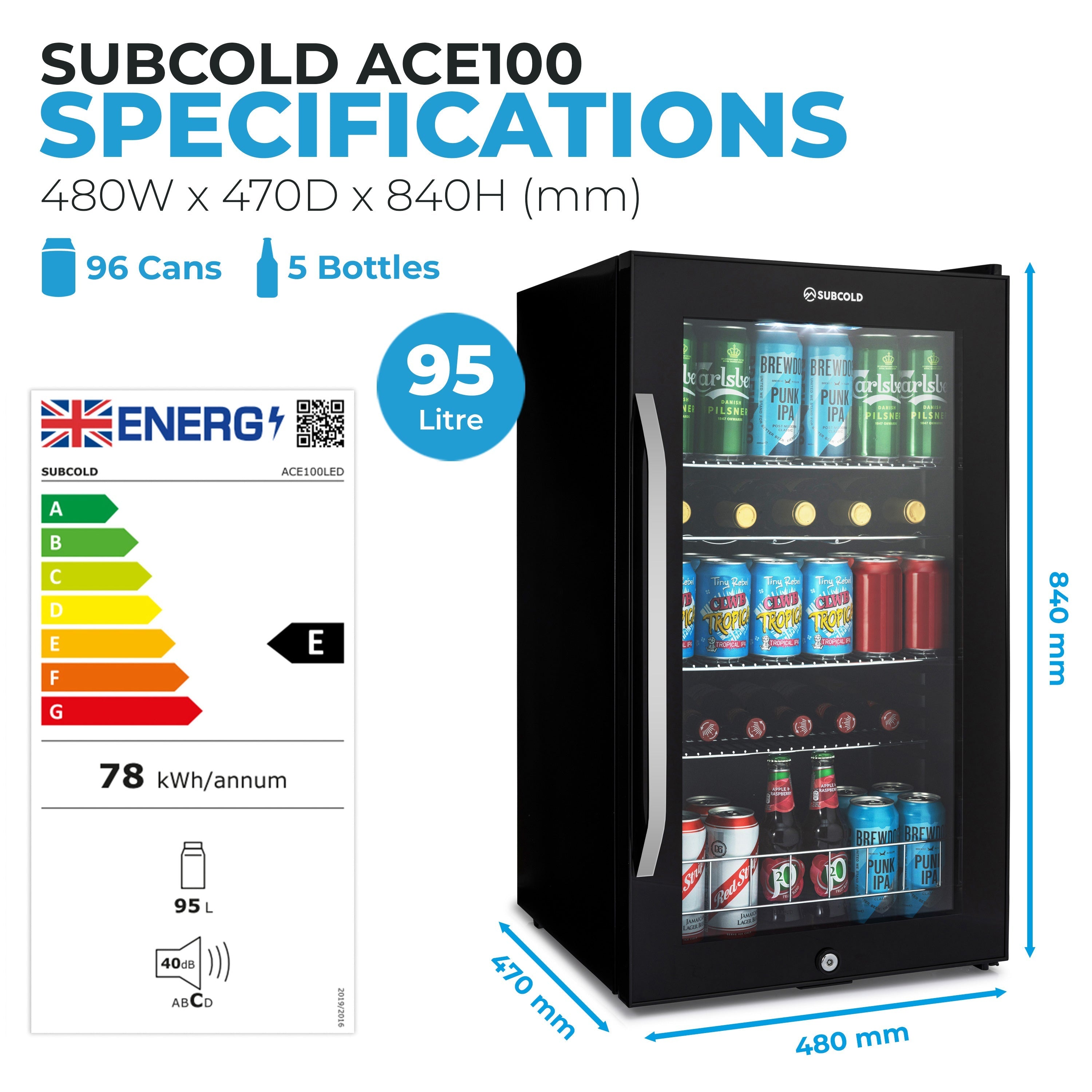 Black glass-door subcold ace100 beer fridge with silver handle 95-liter capacity and interior shelving for drinks storage