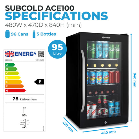 Black glass-door subcold ace100 beer fridge with silver handle 95-liter capacity and interior shelving for drinks storage