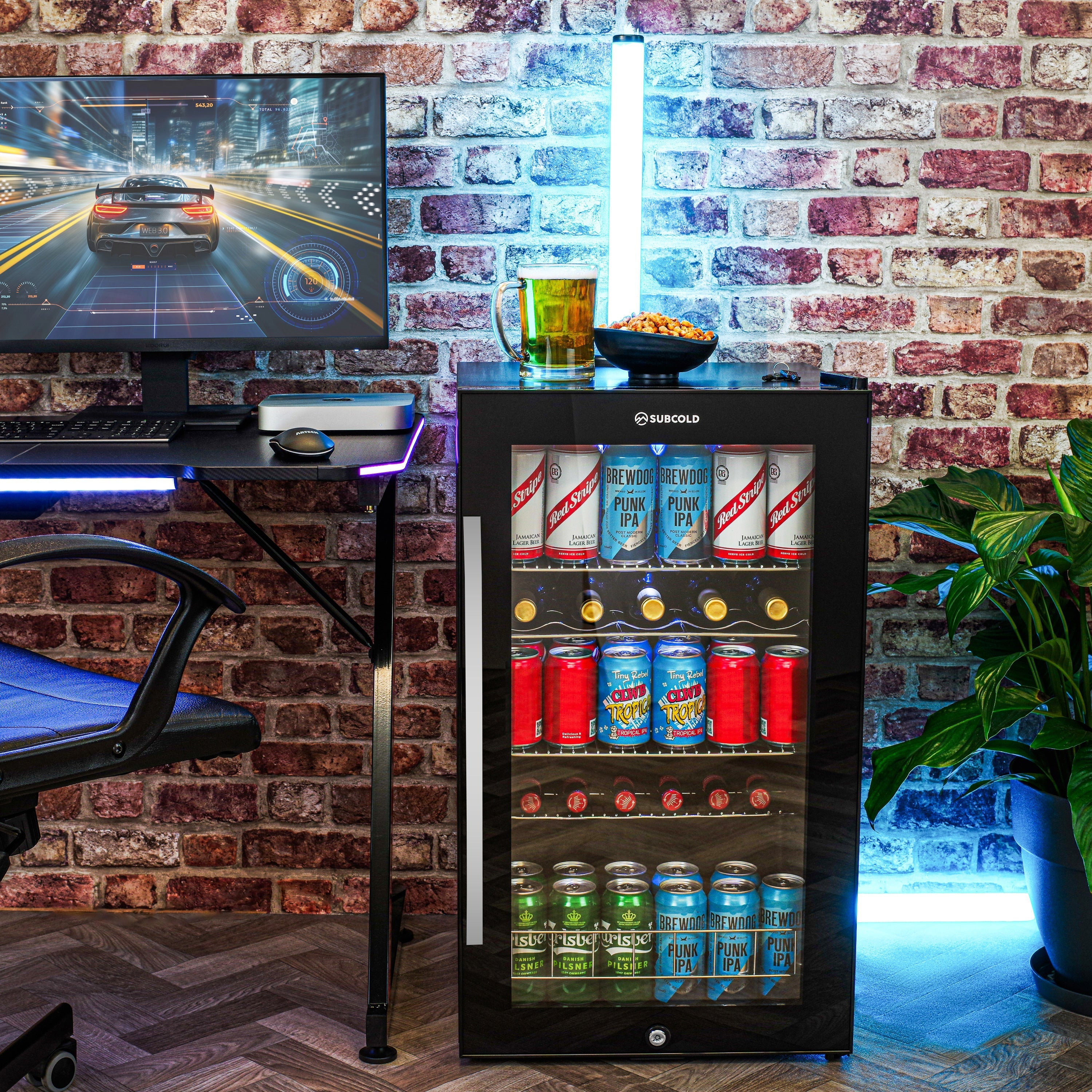 Black glass door subcold ace100 beer fridge with led touch control and glowing shelves showcasing assorted beer cans