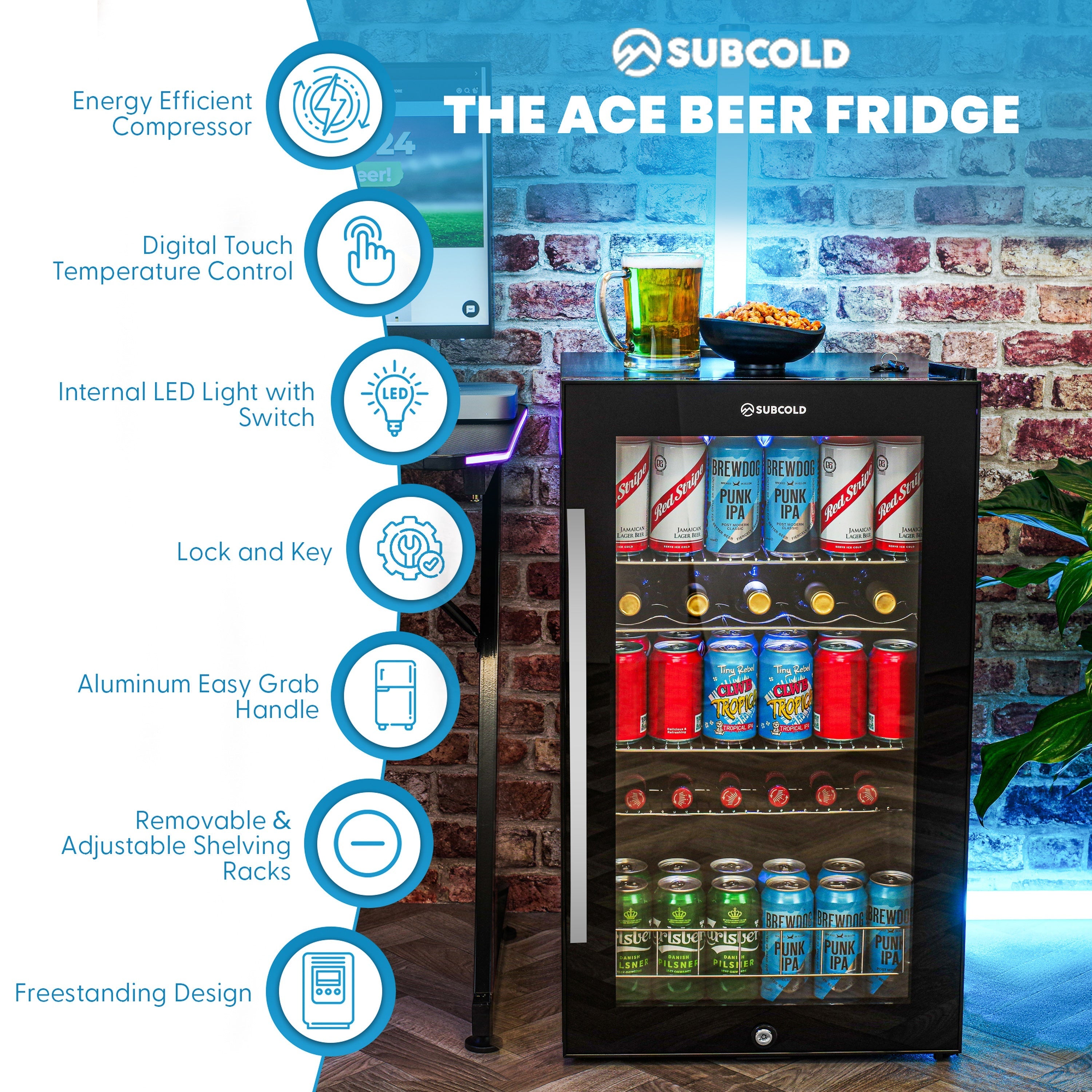 Black glass-door subcold ace100 beer fridge with aluminum handle adjustable shelves led lighting and digital control