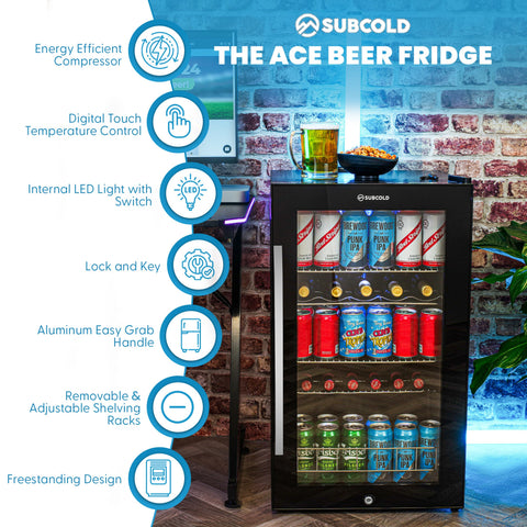 Black glass-door subcold ace100 beer fridge with aluminum handle adjustable shelves led lighting and digital control