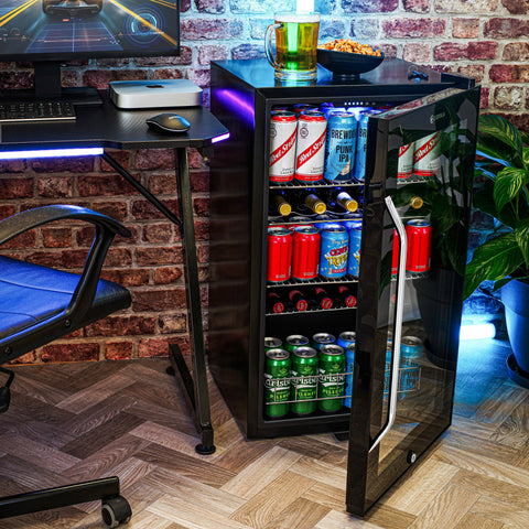 Black glass-door subcold ace100 beer fridge with silver handle and interior led lighting for easy access