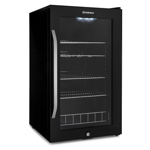 Black subcold ace100 beer fridge with glass door silver handle and wire shelves perfect for drinks storage