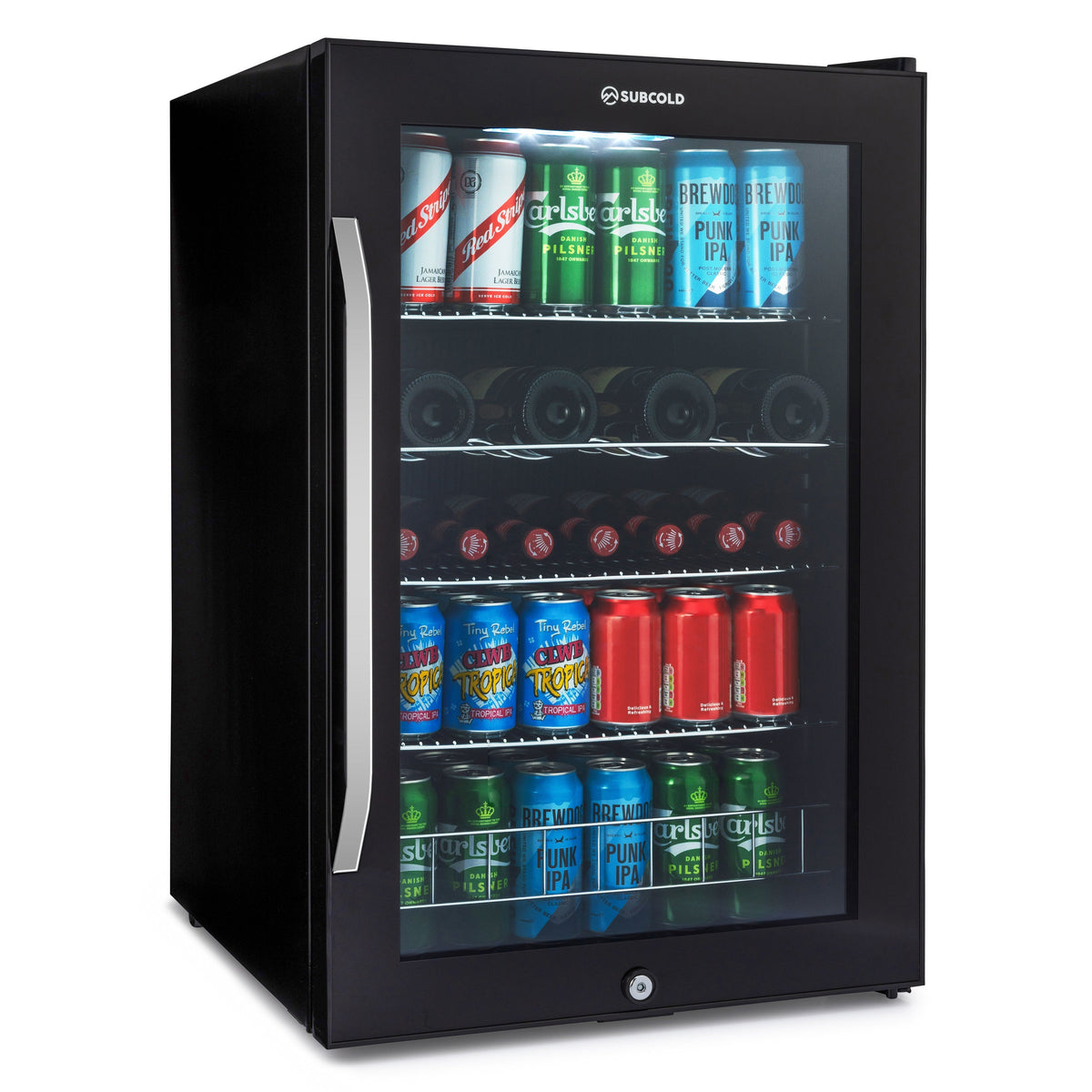 Black subcold ace130 beer fridge with glass door silver handle stocked with assorted beer cans and bottles