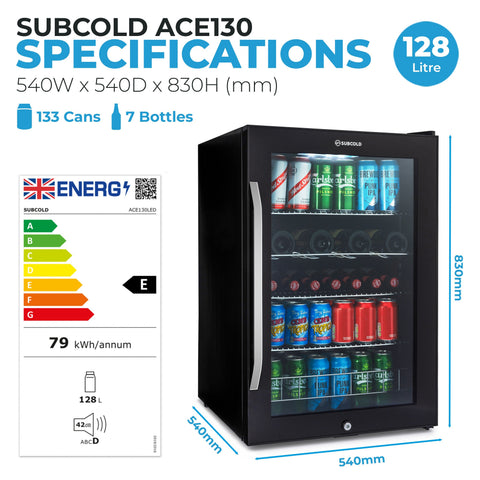 Black subcold ace130 beer fridge with glass door silver handle and shelves stocked with canned drinks
