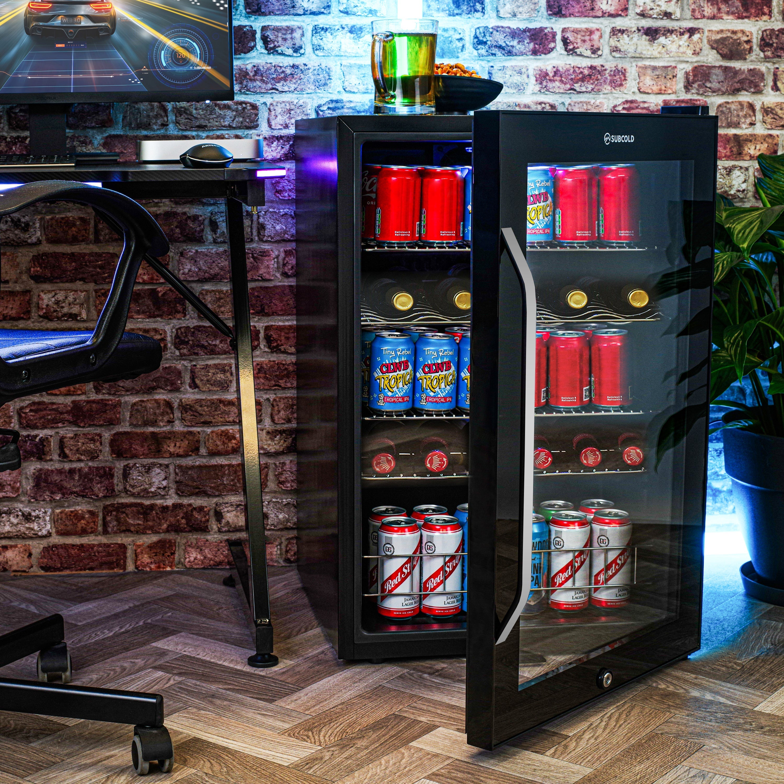 Black glass-door subcold ace130 beer fridge with led shelves holding assorted canned drinks for chilling beverages