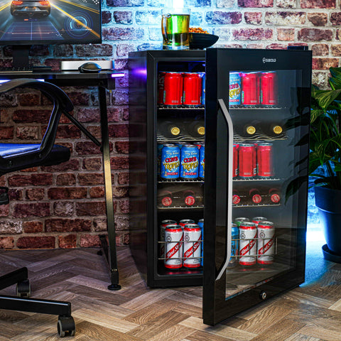 Black glass-door subcold ace130 beer fridge with led shelves holding assorted canned drinks for chilling beverages