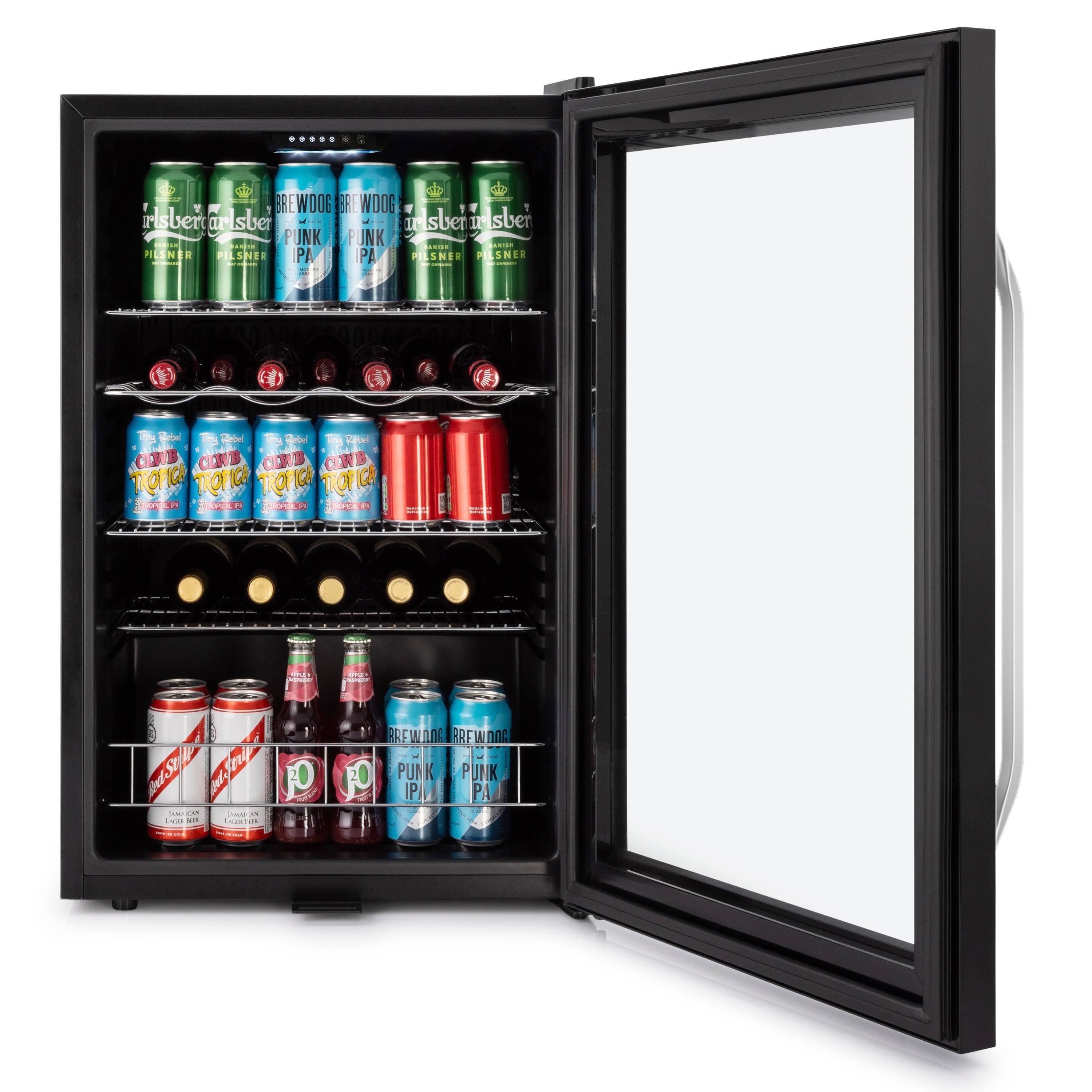 Black glass-door subcold ace130 beer fridge with silver handle and interior shelves holding assorted canned drinks