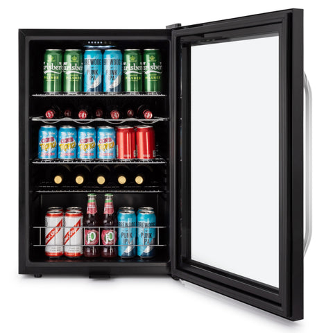 Black glass-door subcold ace130 beer fridge with silver handle and interior shelves holding assorted canned drinks