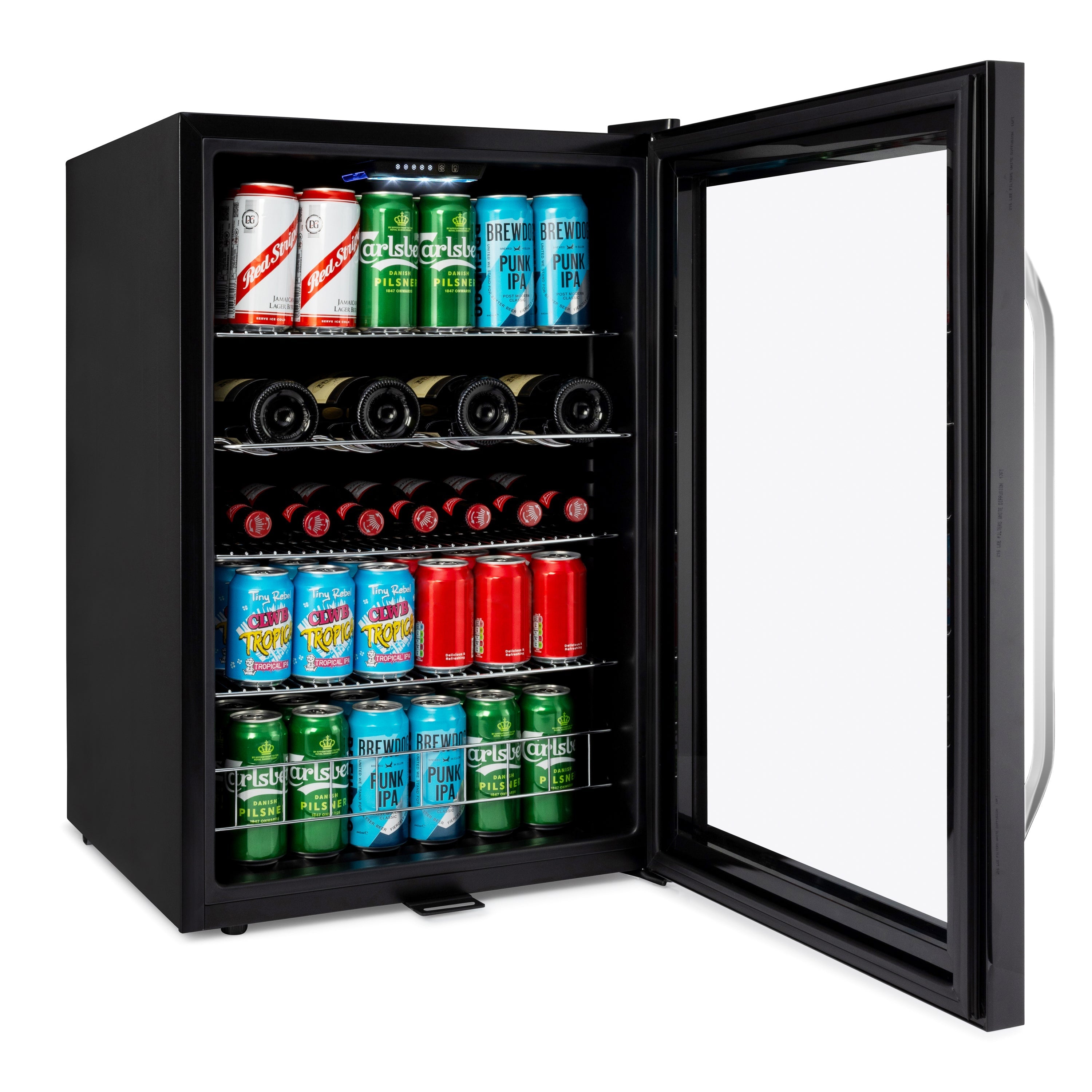 Black glass-door subcold ace130 beer fridge with silver handle and shelves stocked with cans and bottles