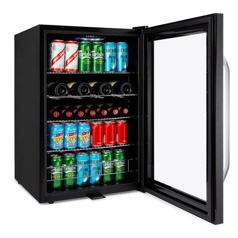 Black glass-door subcold ace130 beer fridge with silver handle and shelves stocked with cans and bottles