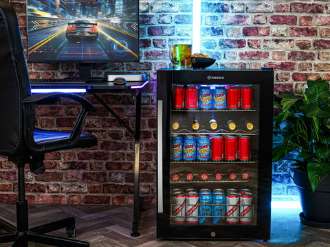 Black glass-door subcold ace130 beer fridge with led touch control and illuminated shelves holding colorful cans
