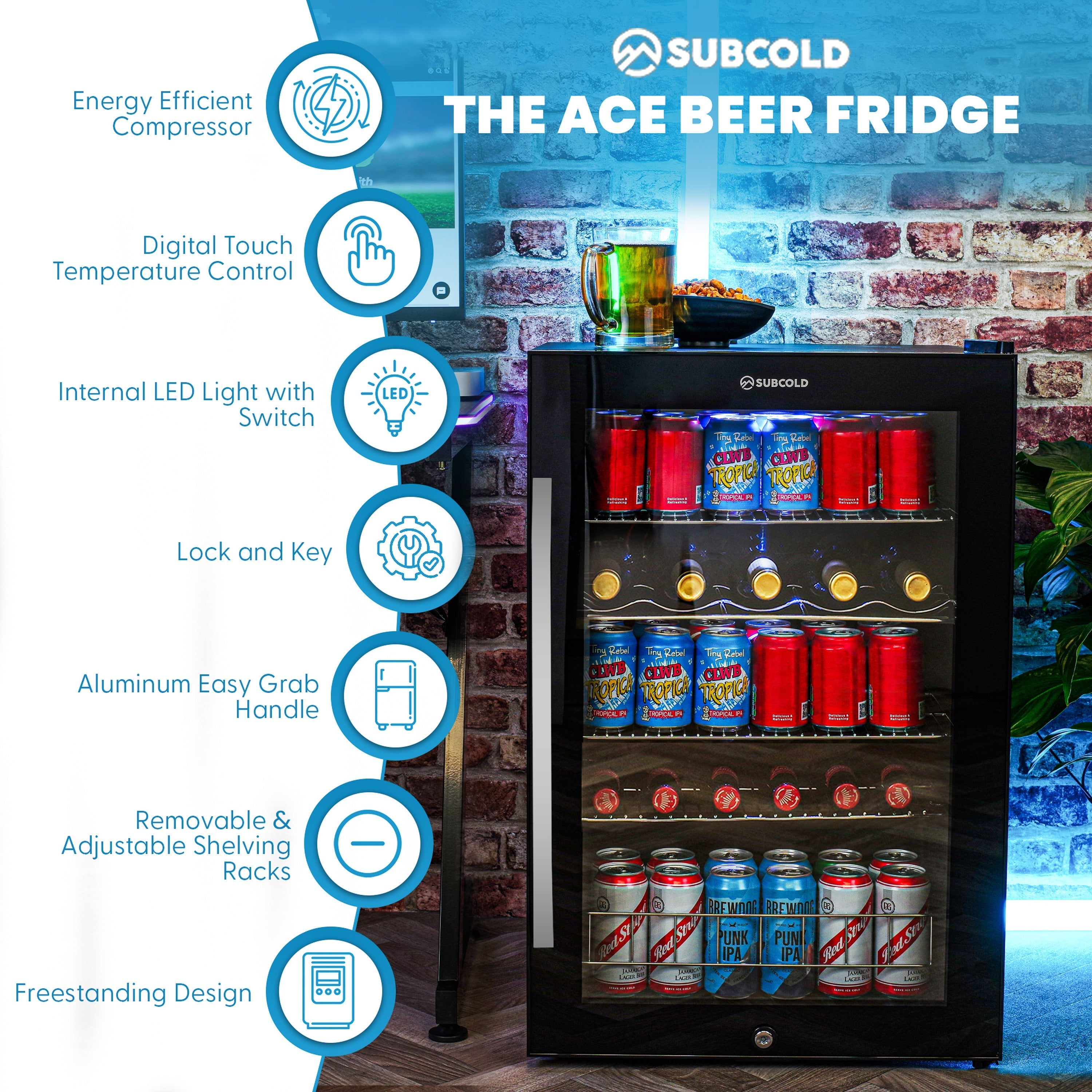 Black glass-door subcold ace130 beer fridge with led internal lighting and digital touch temperature control