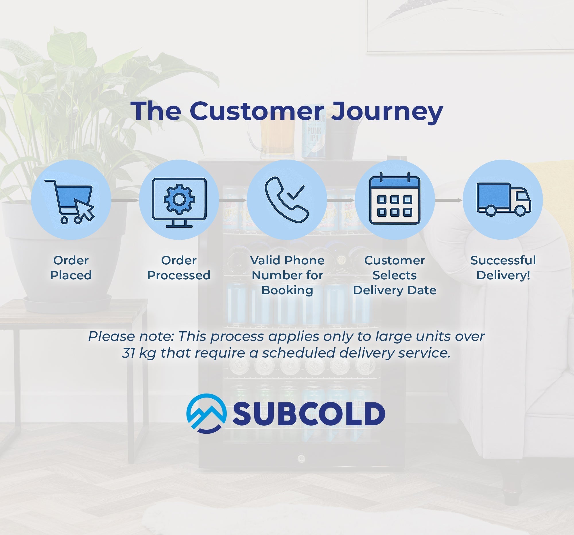 Subcold logo with a blue mountain peak in a circle on the subcold ace130 led touch control beer fridge