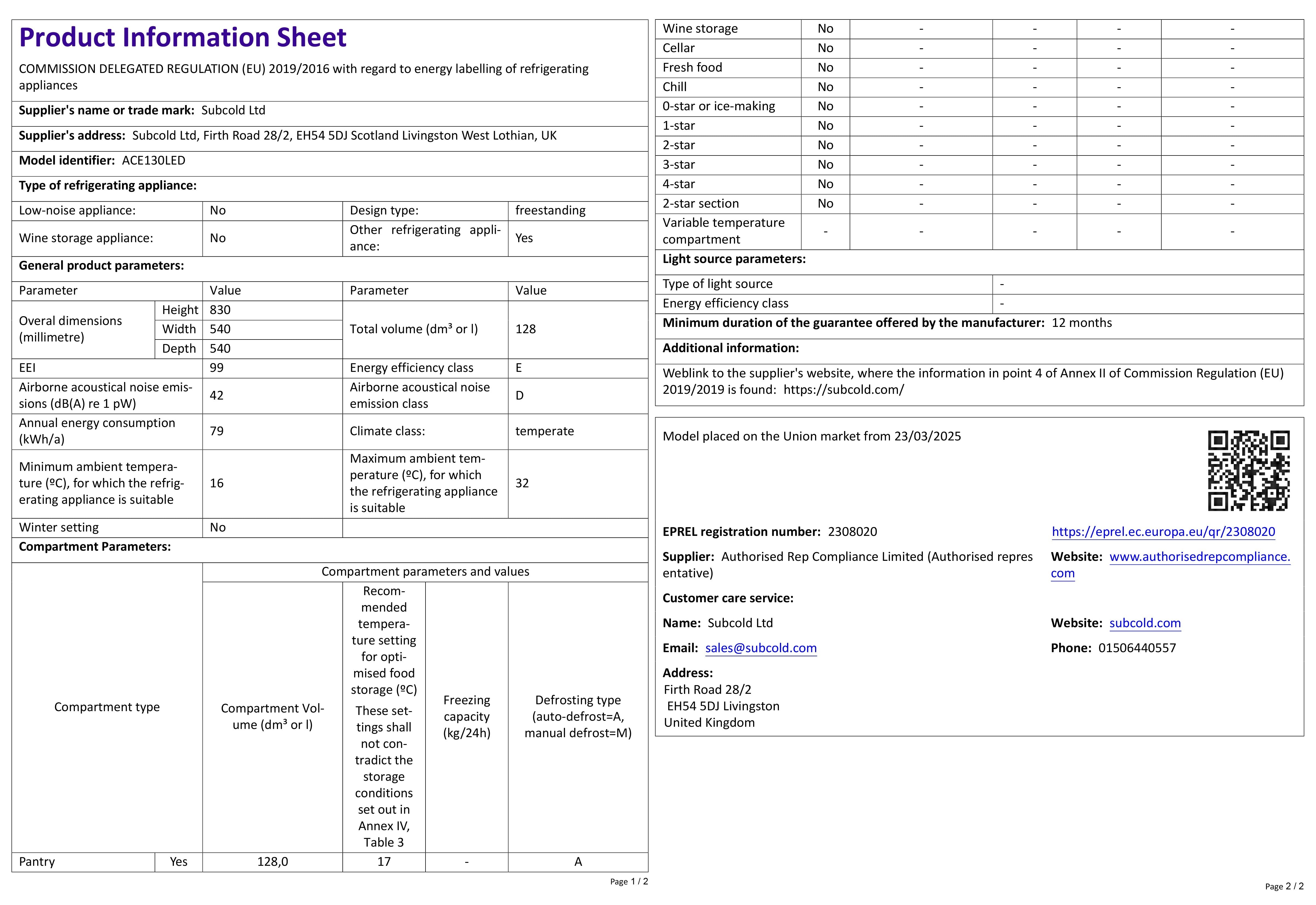 This white product information sheet details the subcold ace130 led touch control beer fridge model ace150led from subcold ltd