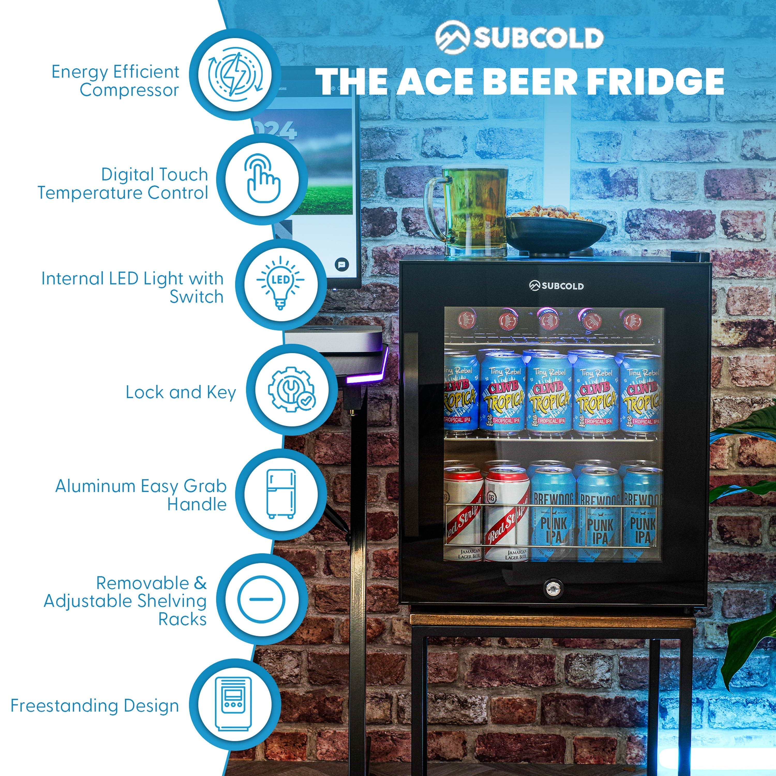 Black subcold ace50 beer fridge with glass door aluminum handle and led touch control for easy cooling