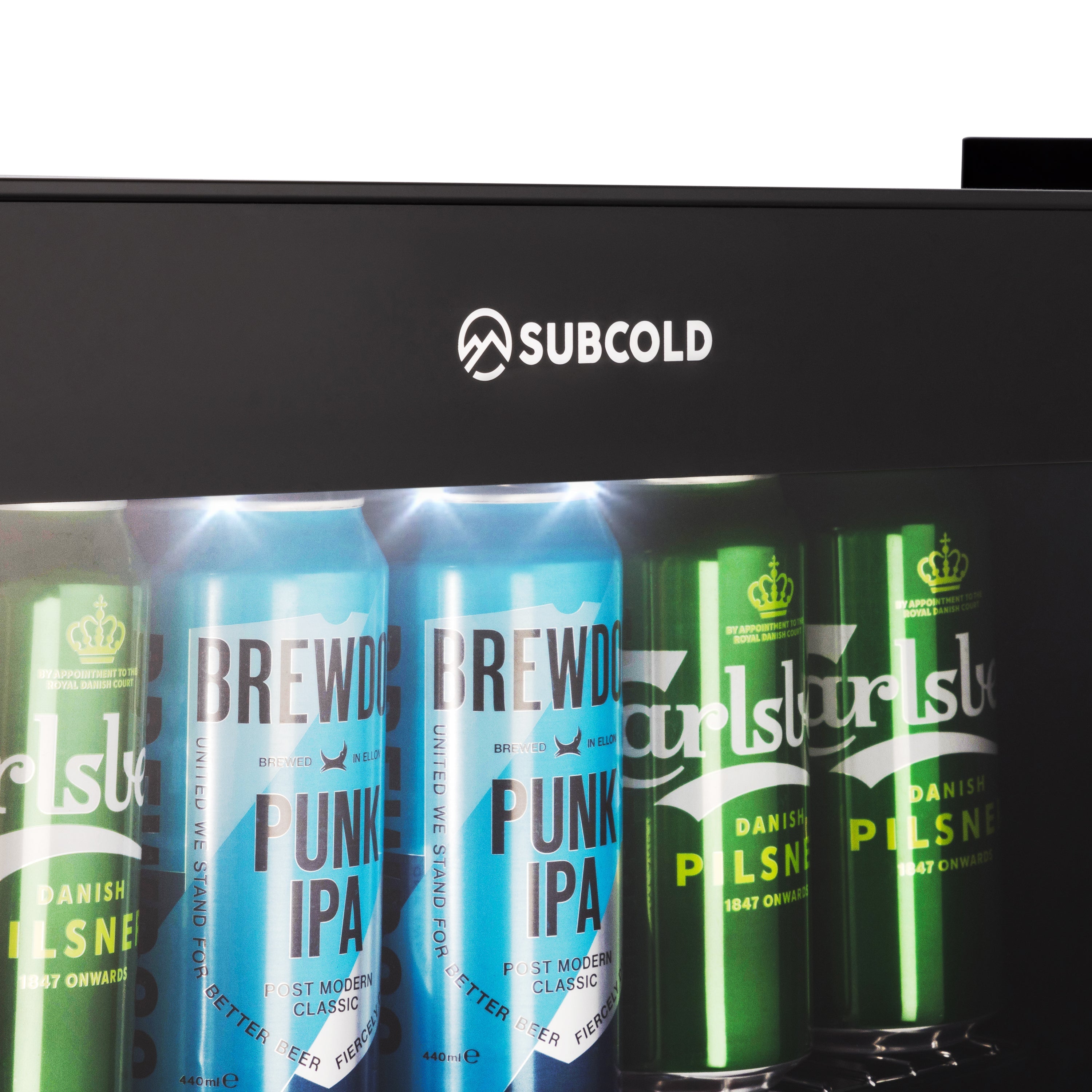 Black subcold ace50 beer fridge with led touch control and illuminated interior showing green and blue beer cans