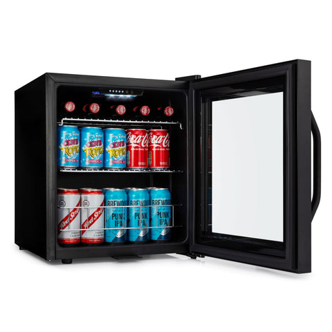 Black glass-door subcold ace50 beer fridge with led touch control and shelves holding canned drinks and bottles