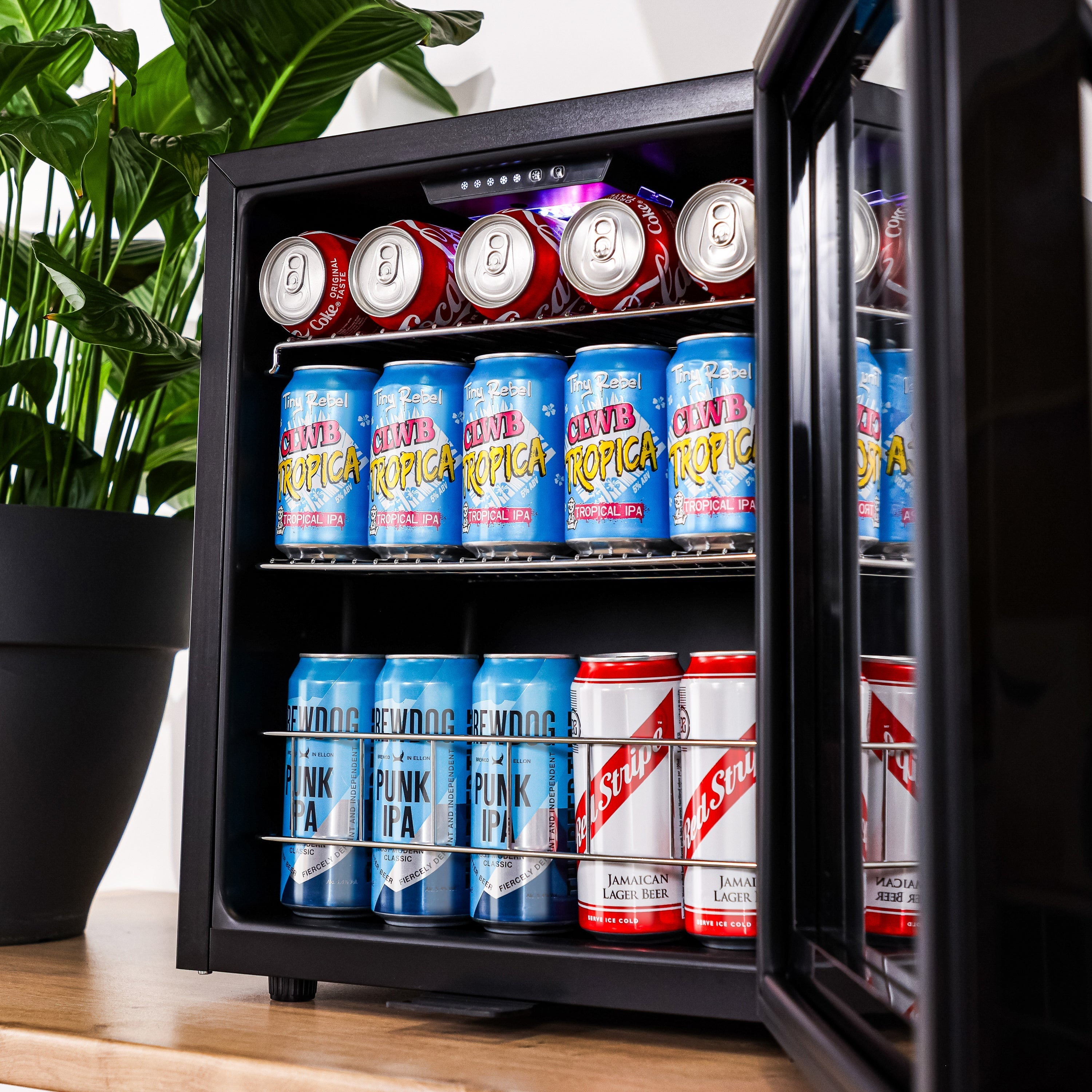 Black glass-door subcold ace50 beer fridge with led touch control filled with assorted beer cans for chilling