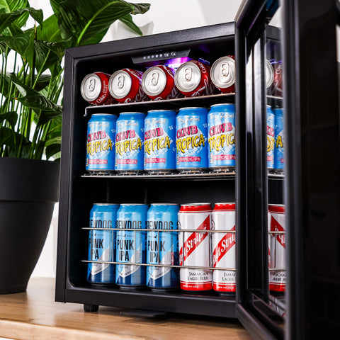 Black glass-door subcold ace50 beer fridge with led touch control filled with assorted beer cans for chilling
