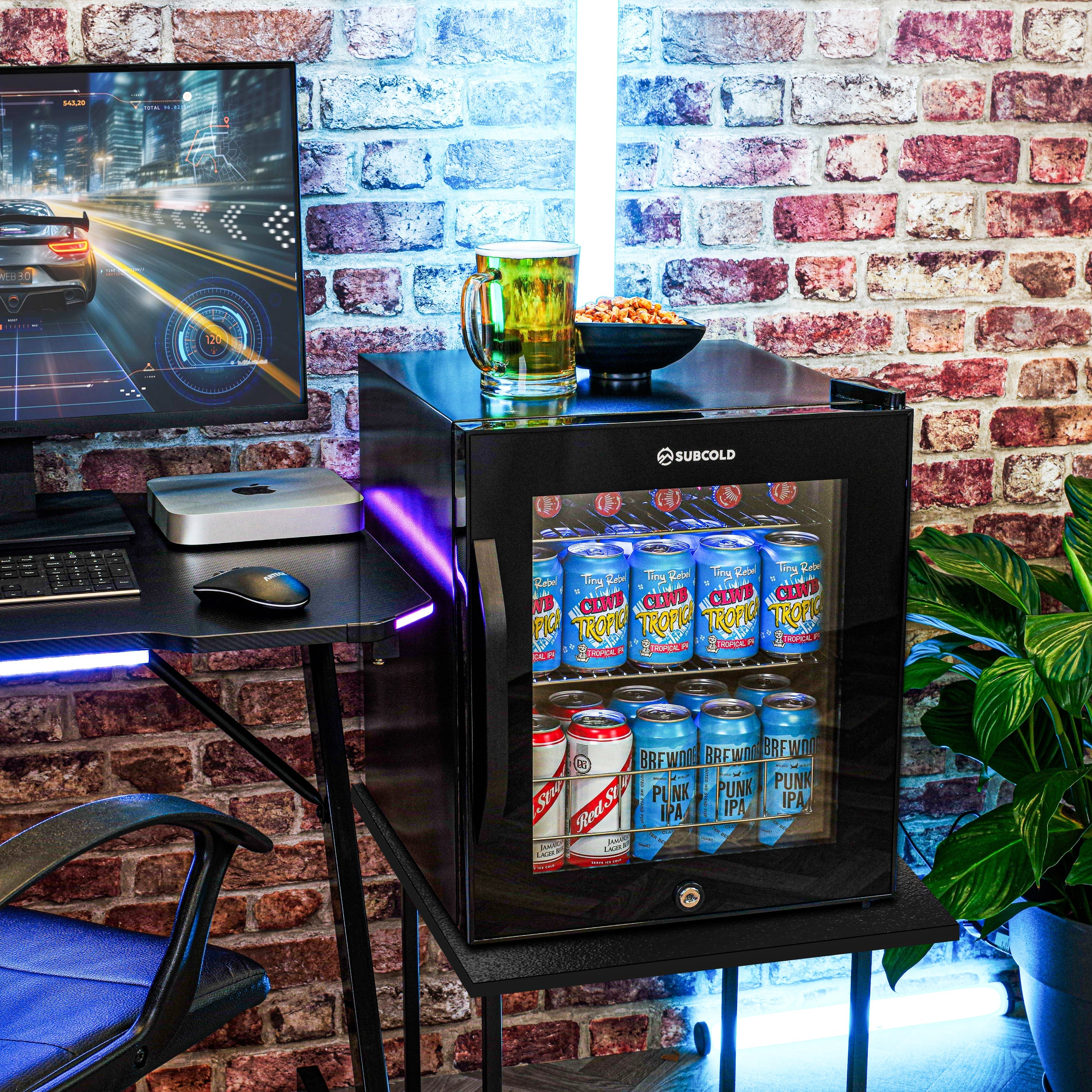 Black glass-door subcold ace50 led touch control beer fridge with illuminated interior showing beer cans