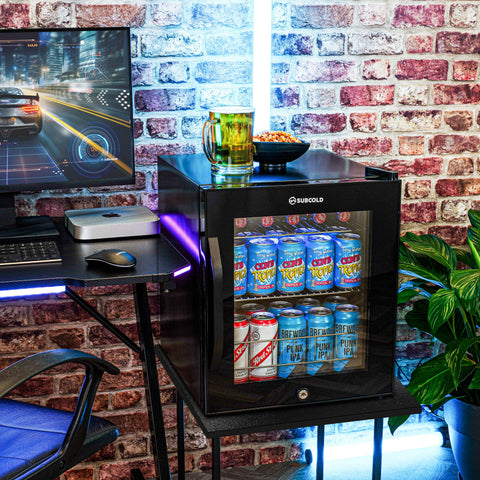 Black glass-door subcold ace50 led touch control beer fridge with illuminated interior showing beer cans