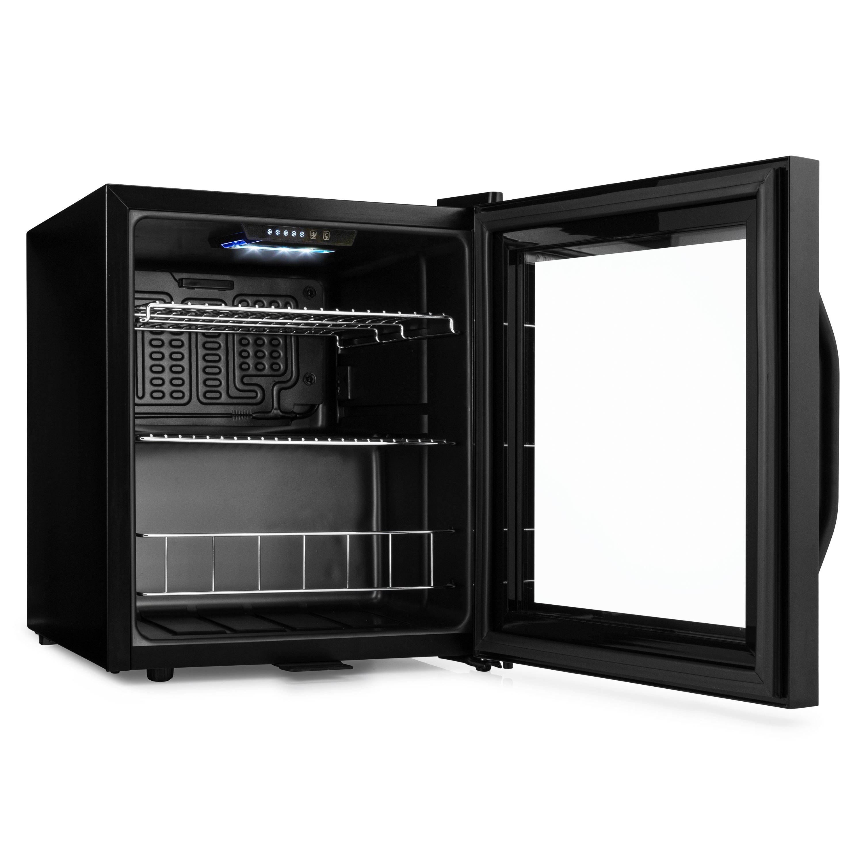 Black glass-door subcold ace50 beer fridge with three metal shelves and digital touch control panel
