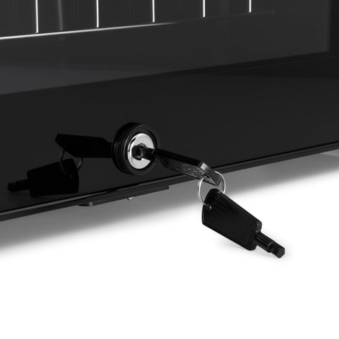 Black key inserted into glossy black lock on sleek subcold ace50 led touch control beer fridge door