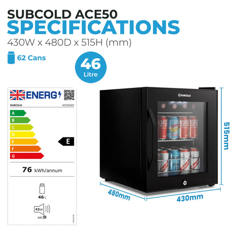Black subcold ace50 beer fridge with glass door silver handle and led touch control for beer storage