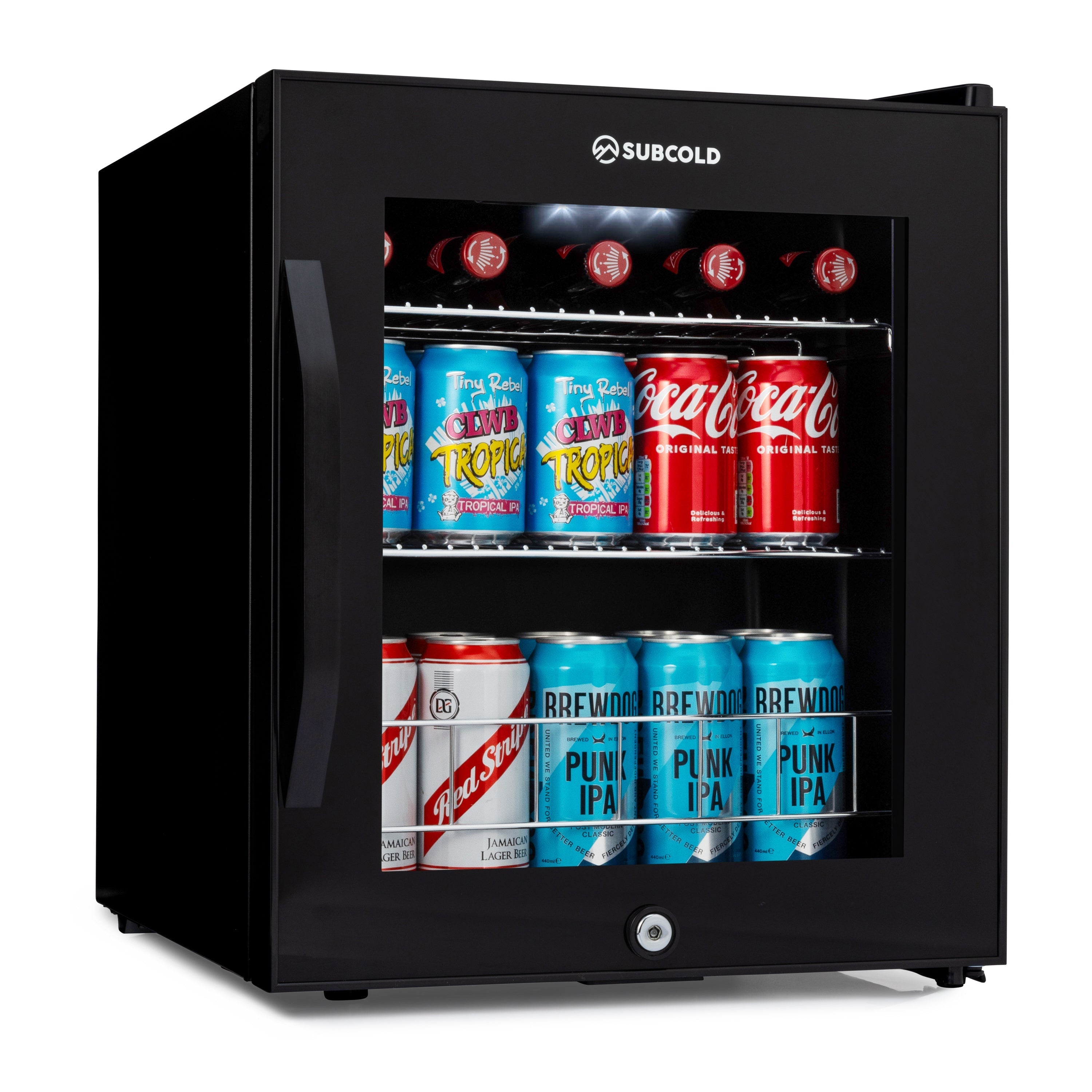 Black subcold ace50 beer fridge with glass door and two shelves stocked with colorful beverage cans