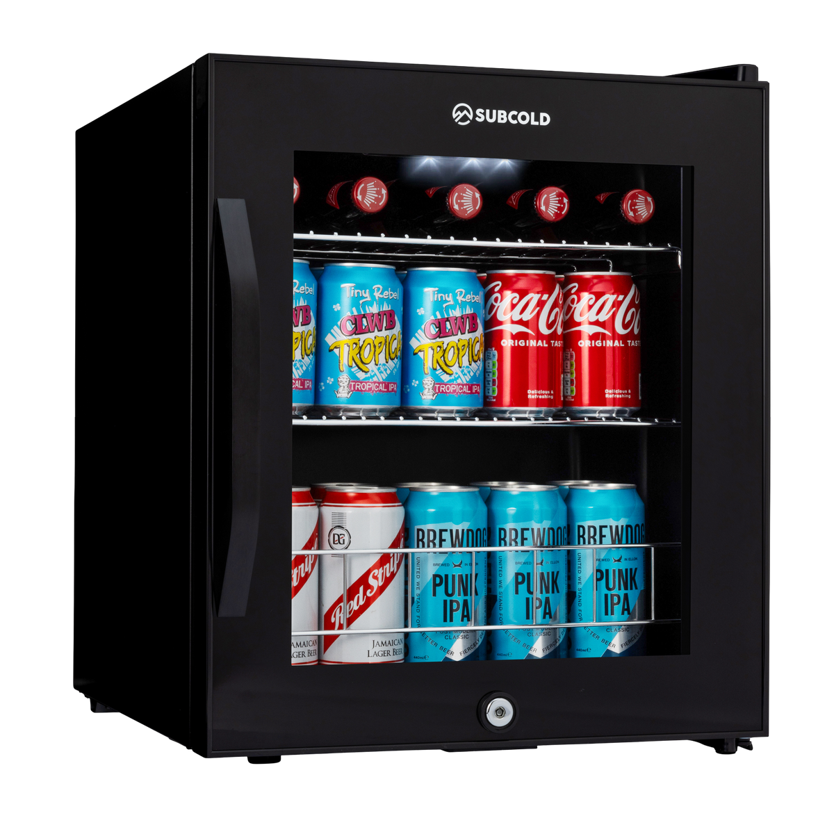 Black subcold ace50 beer fridge with glass door silver handle and colorful cans inside for perfect cooling