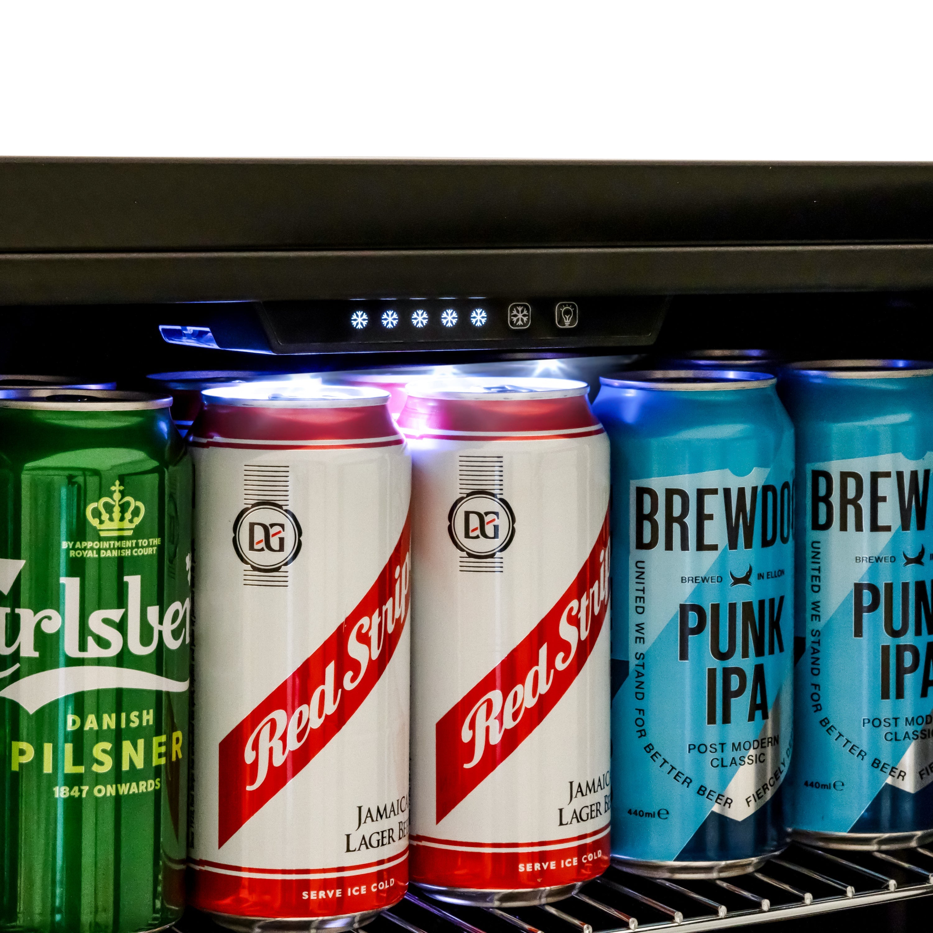 A row of colorful beer cans inside a subcold ace50 led touch control beer fridge showcasing carlsberg and brewdog