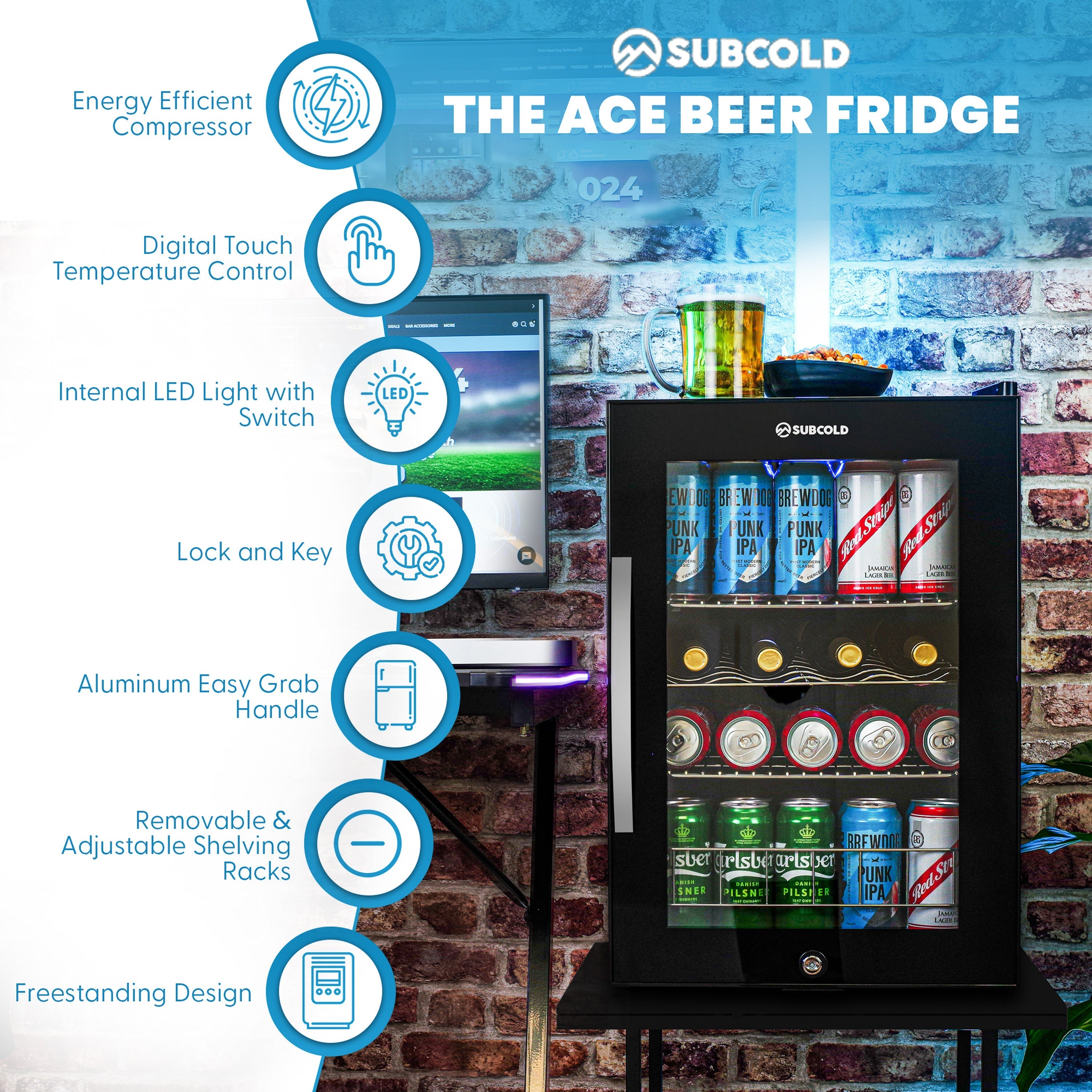 Black subcold ace65 beer fridge with glass door and internal led lighting perfect for chilling drinks