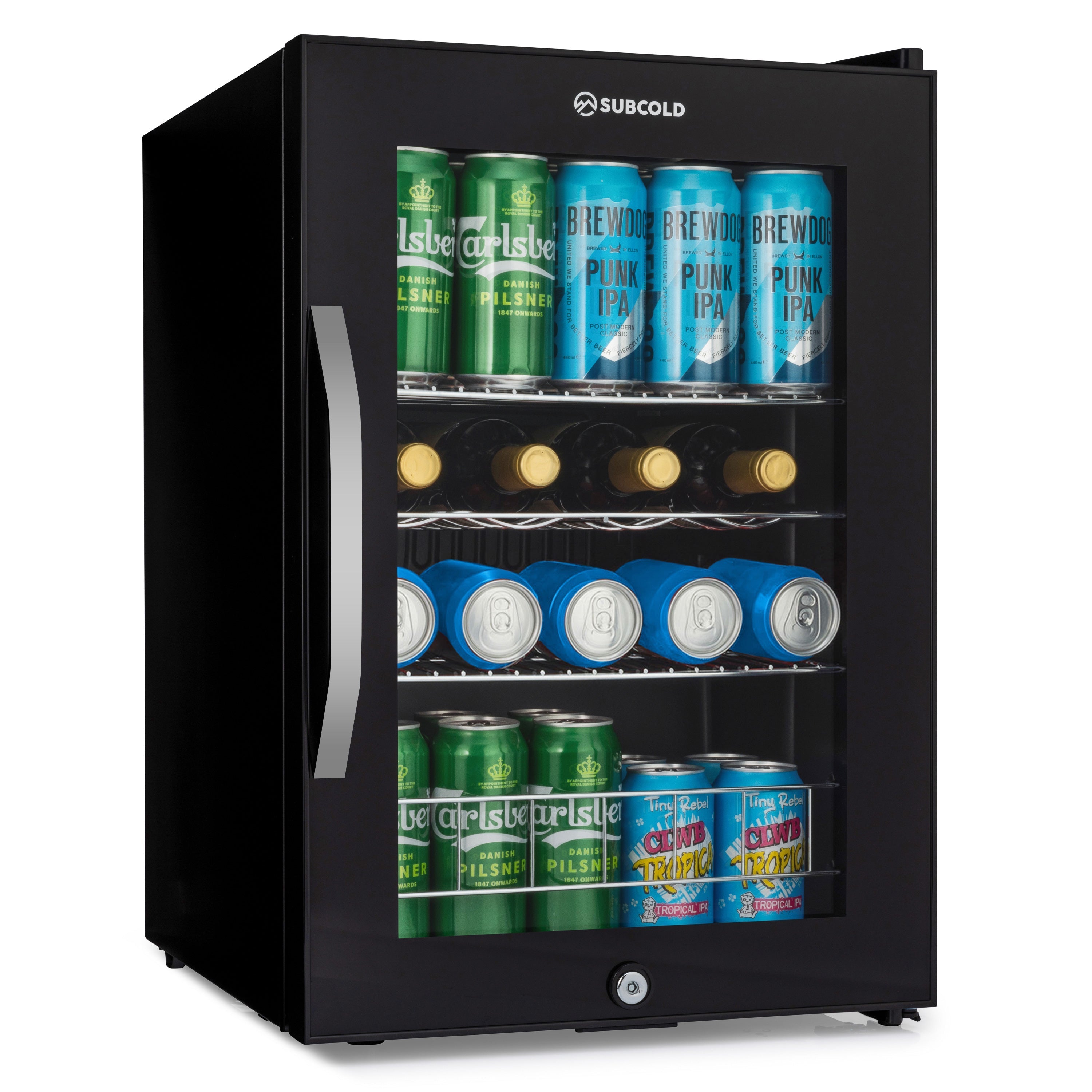 Black subcold ace65 beer fridge with glass door and silver handle stocked with carlsberg and brewdog cans