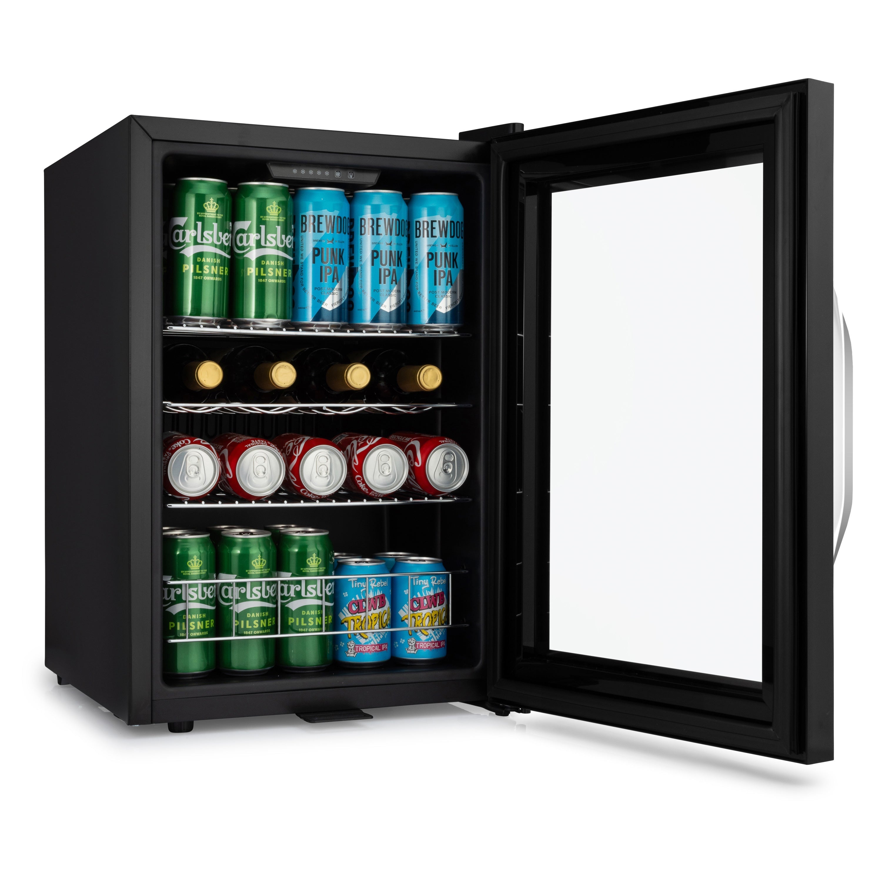 Black glass-door subcold ace65 beer fridge filled with assorted beer cans and bottles with led touch control