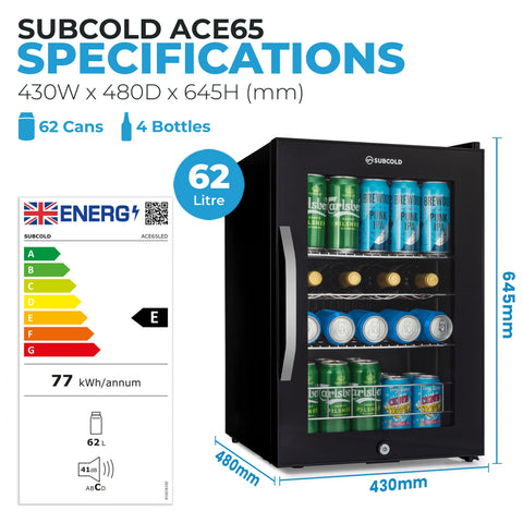 Black subcold ace65 beer fridge with glass door silver handle and shelves holding cans and bottles inside