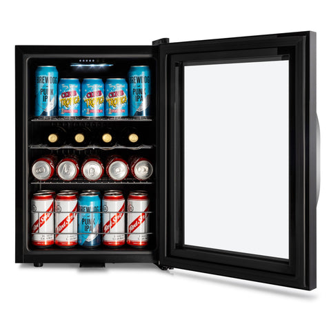 Black glass-door subcold ace65 beer fridge with led touch control and multiple shelves filled with assorted beer cans and bottles